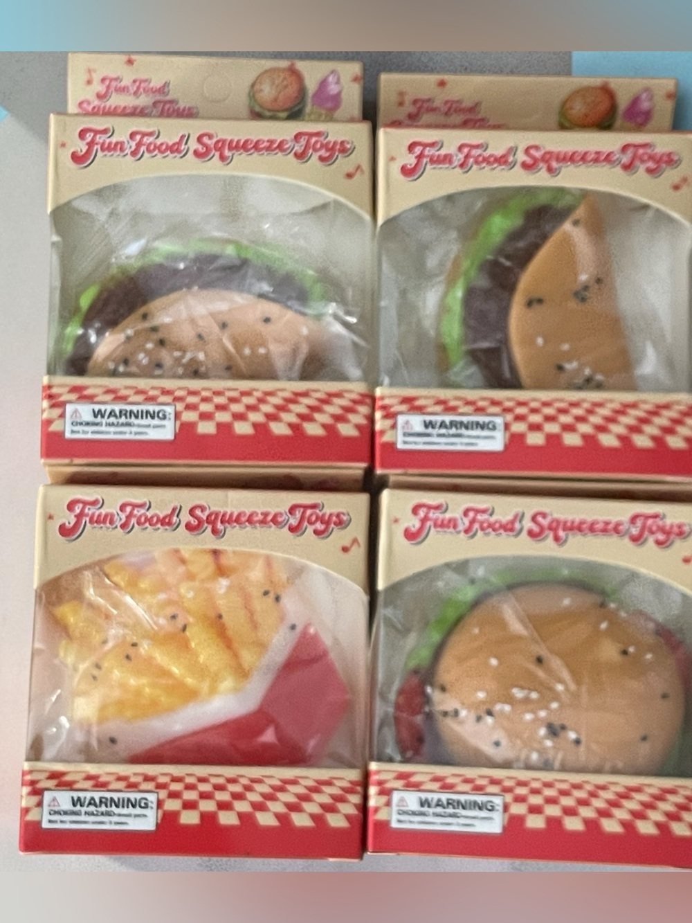 Fun food squeeze toys . taco 🌮 and 🍔 fries 🍟 pick one or buy all four .